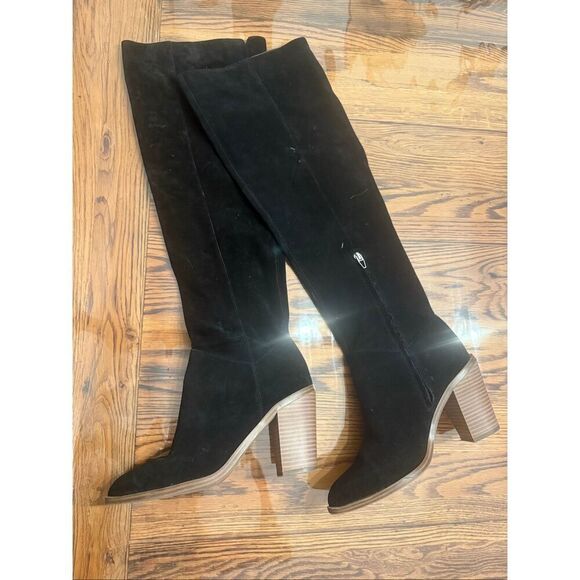 BP Black Lea Leather Over Knee High Chunky Blocked Heeled Boots Size 8.5 - Picture 3 of 6